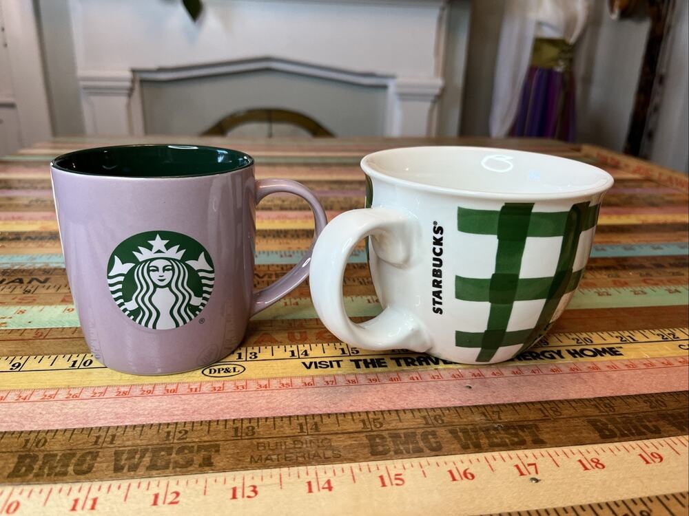 Starbucks Coffee‎ LOT 2016 14oz Mug Cup Green Plaid Check Gingham Lilac Logo2025